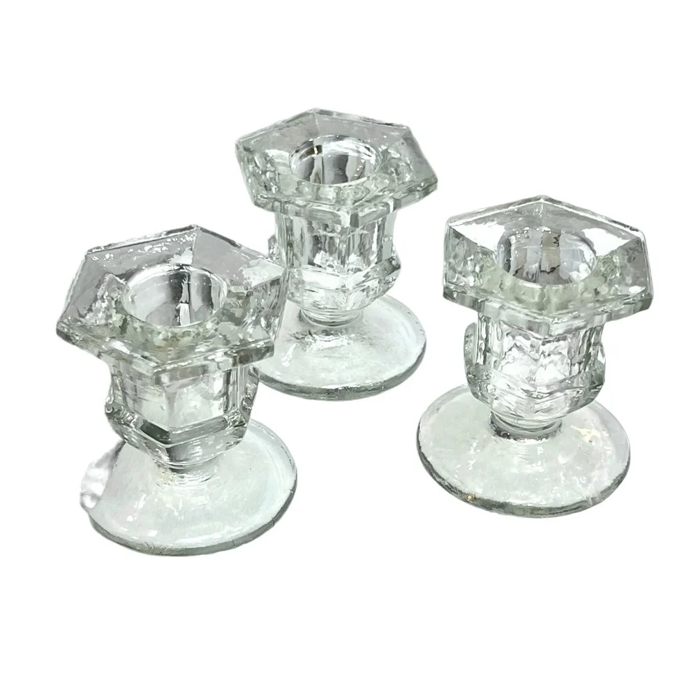 MOULDED/PRESSED CLEAR GLASS CANDLESTICKS - SET OF 3